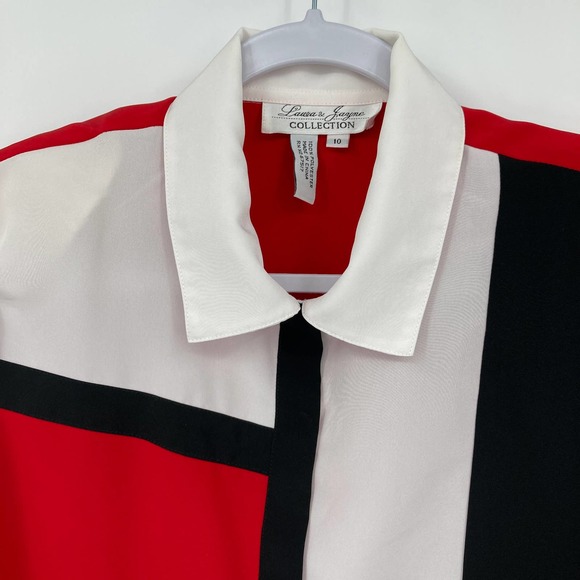 Vintage 80s 90s Red and Black Color Block Long Sleeve Collared Blouse - Picture 4 of 7